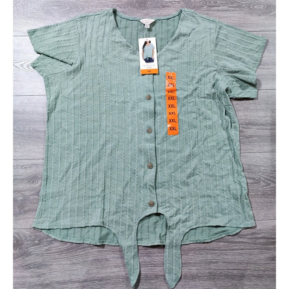 Weatherproof Vintage Green Tie Front Knit Top V-Neck Button Up Shirt Womens 2XL